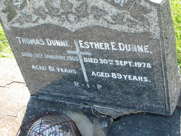 Thomas DUNNE,  | died 15 Jan 1965 aged 81 years;  | Esther E. DUNNE,  | died 30 Sept 1978 aged 89 years;  | St John's Catholic Church, Kerry, Beaudesert Shire  | 