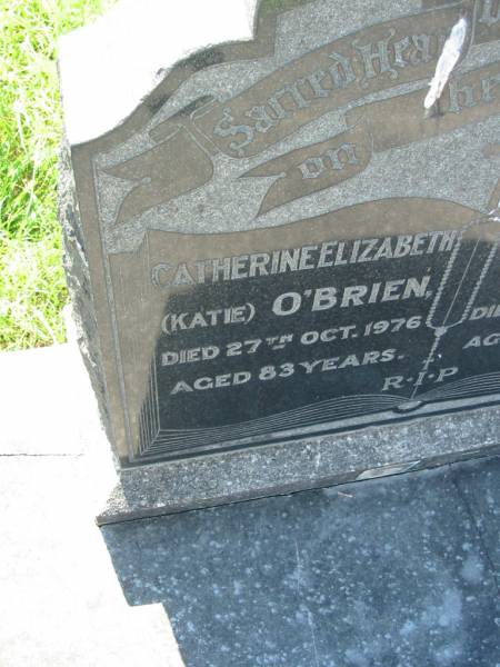 Catherine Elizabeth (Katie) O'BRIEN,  | died 27 Oct 1976 aged 83 years;  | Francis Henry O'BRIEN,  | died 14 Jan 1956 aged 56 years;  | St John's Catholic Church, Kerry, Beaudesert Shire  | 