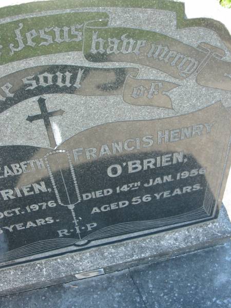Catherine Elizabeth (Katie) O'BRIEN,  | died 27 Oct 1976 aged 83 years;  | Francis Henry O'BRIEN,  | died 14 Jan 1956 aged 56 years;  | St John's Catholic Church, Kerry, Beaudesert Shire  | 