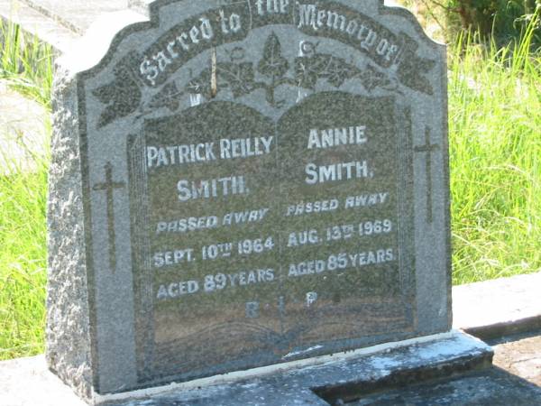 Patrick Reilly SMITH,  | died 10 Sept 1964 aged 89 years;  | Annie SMITH,  | died 13 Aug 1969 aged 85 years;  | St John's Catholic Church, Kerry, Beaudesert Shire  | 