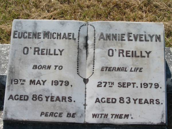 Eugene Michael O'REILLY,  | died 19 May 1979 aged 86 years;  | Annie Evelyn O'REILLY,  | died 27 Sept 1979 aged 83 years;  | St John's Catholic Church, Kerry, Beaudesert Shire  | 