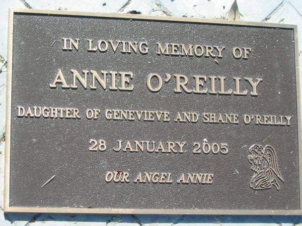 Karma Ann O'REILLY,  | 6-10-1937 - 12-9-1996;  | Annie O'REILLY,  | daughter of Genevieve & Shane O'REILLY,  | 28 Jan 2005;  | St John's Catholic Church, Kerry, Beaudesert Shire  | 