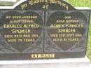 
Charles Alfred SPENCER,
husband father,
died 29 Mar 1951 aged 79 years;
Agnes Frances SPENCER,
mother,
died 23 Sept 1961 aged 81 years;
Kilkivan cemetery, Kilkivan Shire
