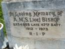 
A.M.S. (Joe) BISHOP,
1912 - 1973;
Kilkivan cemetery, Kilkivan Shire
