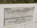 
Francis Lionel BEER,
husband,
died 30-11-1974 aged 60 years;
Mary BEER,
wife sister aunt,
4-8-13 - 16-5-93;
Kilkivan cemetery, Kilkivan Shire
