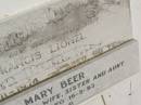 
Francis Lionel BEER,
husband,
died 30-11-1974 aged 60 years;
Mary BEER,
wife sister aunt,
4-8-13 - 16-5-93;
Kilkivan cemetery, Kilkivan Shire
