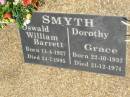 
Oswald William Barrett SMYTH,
born 11-4-1927,
died 24-7-1995;
Dorothy Grace SMYTH,
born 22-10-1932,
died 21-12-1974;
Kilkivan cemetery, Kilkivan Shire
