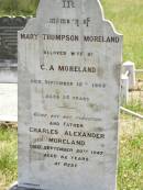 
Mary Thompson MORELAND,
wife of C.A. MORELAND,
died 15 Sept 1909 aged 35 years;
Charles Alexander MORELAND,
father,
died 20 Sept 1947 aged 82 years;
Kilkivan cemetery, Kilkivan Shire
