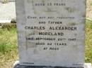 
Mary Thompson MORELAND,
wife of C.A. MORELAND,
died 15 Sept 1909 aged 35 years;
Charles Alexander MORELAND,
father,
died 20 Sept 1947 aged 82 years;
Kilkivan cemetery, Kilkivan Shire
