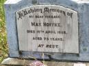 
Max NOFFKE,
husband,
died 15 April 1955 aged 73 years;
Kilkivan cemetery, Kilkivan Shire
