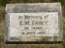 
E.M. CASEY,
aged 82 years;
Kilkivan cemetery, Kilkivan Shire
