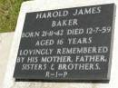 
Harold James BAKER,
born 21-11-42,
died 12-7-59 aged 16 years;
remembered by mother, father, sisters & brothers;
Kilkivan cemetery, Kilkivan Shire
