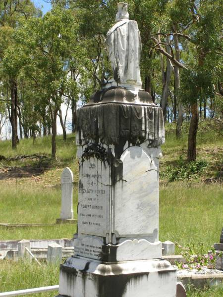 Elizabeth HUNTER,  | wife of Robert HUNTER,  | died 14 June 1906 aged 69 years;  | Robert HUNTER,  | died 6 Feb 1917 aged 80 years;  | Kilkivan cemetery, Kilkivan Shire  | 