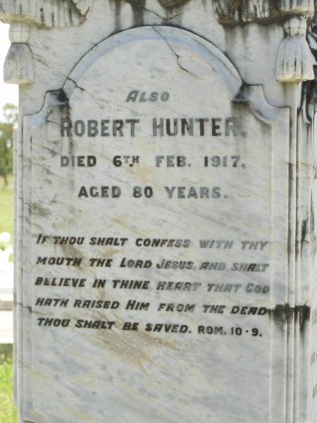 Elizabeth HUNTER,  | wife of Robert HUNTER,  | died 14 June 1906 aged 69 years;  | Robert HUNTER,  | died 6 Feb 1917 aged 80 years;  | Kilkivan cemetery, Kilkivan Shire  | 