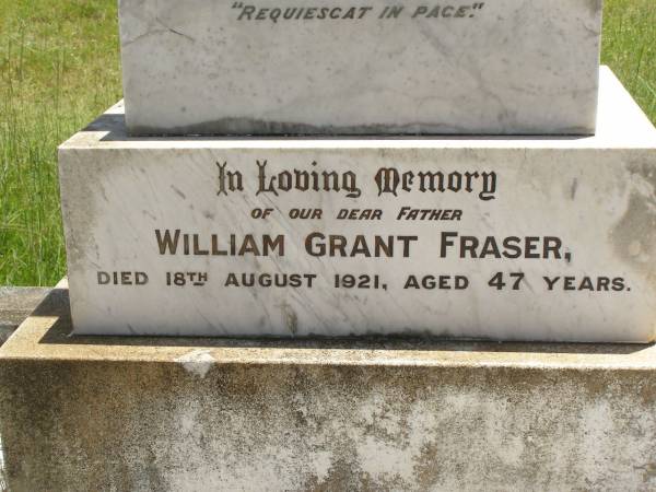 Julia Anne FRASER,  | died 6 Feb 1910 aged 28 years;  | William Grant FRASER,  | father,  | died 18 Aug 1921 aged 47 years;  | John COLEMAN,  | died  Dunoine  Kilkivan 6 May 1923 aged 70 years,  | erected by wife;  | Catherine COLEMAN,  | wife,  | died 24 Jan 1935 aged 75 years;  | Kilkivan cemetery, Kilkivan Shire  | 