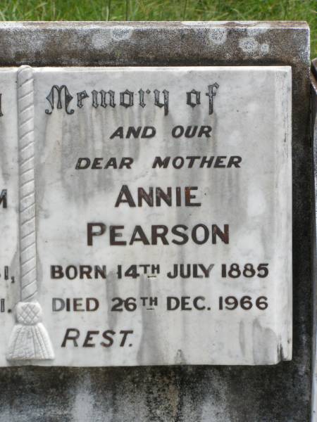 James William PEARSON,  | husband father,  | born 24 Dec 1881,  | died 21 Aug 1941;  | Annie PEARSON,  | mother,  | born 14 July 1885,  | died 26 Dec 1966;  | Kilkivan cemetery, Kilkivan Shire  | 