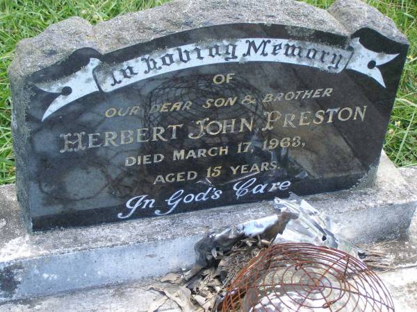 Herbert John PRESTON,  | son brother,  | died 17 March 1963 aged 15 years;  | Kilkivan cemetery, Kilkivan Shire  | 