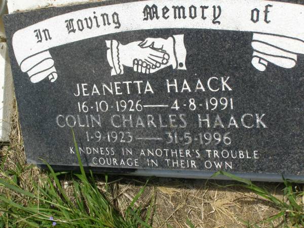 Jeanetta HAACK,  | 16-10-1926 - 4-8-1991;  | Colin Charles HAACK,  | 1-9-1923 - 31-5-1996;  | Kilkivan cemetery, Kilkivan Shire  | 