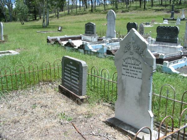 Ernest Ed WALDOCK,  | son,  | died 20 March 1912 aged 2 1/2 years;  | E.L. (Maid) WALDOCK,  | wife mother,  | died 1 July 1948 aged 52 years;  | A.M. (Fred) WALDOCK,  | father grandfather,  | died 3 Nov 1975 aged 78 years;  | Kilkivan cemetery, Kilkivan Shire  | 