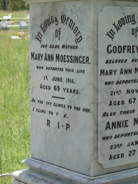 Godfrey Adam,  | husband of Mary Ann MOESSINGER,  | died 21 Nov 1904 aged 67 years;  | Annie Muriel,  | daughter,  | died 23 Jan 1914 aged 27 years;  | Mary Ann MOESSINGER,  | died 1 June 1915 aged 69 years;  | Kilkivan cemetery, Kilkivan Shire  | 