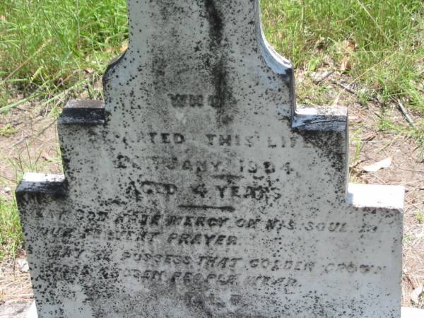 John O'SHEA,  | died 20 Jan 1904 aged 4 years;  | Kilkivan cemetery, Kilkivan Shire  | 