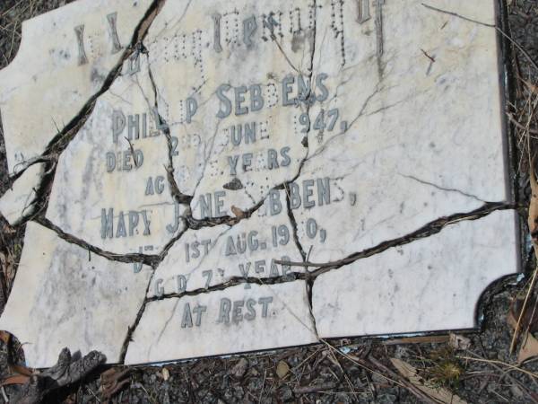 Phillip SEBBENS,  | father,  | 12 Jan 1872 - 2 June 1947 aged 75 years;  | Mary Jane SEBBENS,  | mother,  | 22 June 1880 - 1 Aug 1950 aged 70 years;  | Kilkivan cemetery, Kilkivan Shire  | 