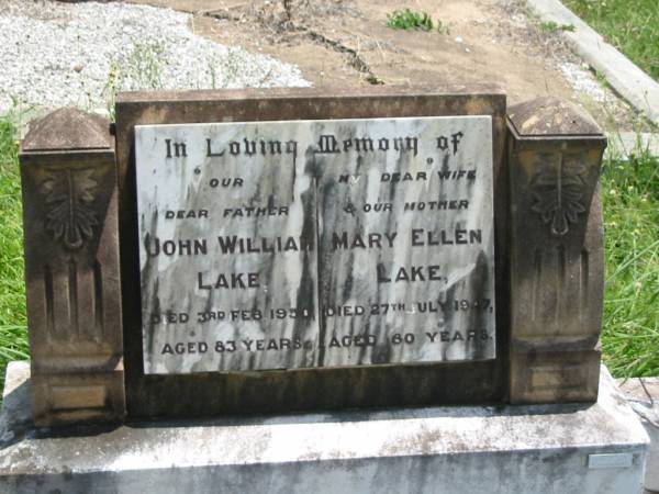 John William LAKE,  | father,  | died 3 Feb 1950 aged 83 years;  | Mary Ellen LAKE,  | wife mother,  | died 27 July 1947 aged 80 years;  | Charles E. LAKE,  | father,  | 1831 - 1895;  | Mary Ann LAKE,  | mother,  | 1844 - 1909;  | Kilkivan cemetery, Kilkivan Shire  | 