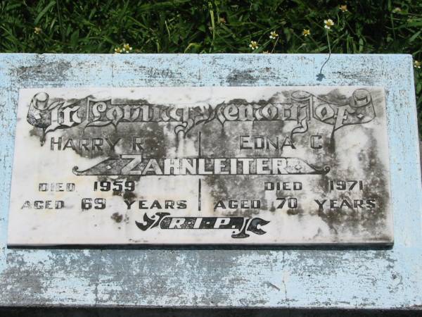 Harry R. ZARNLEITER,  | died 1959 aged 69 years;  | Edna C. ZARNLEITER,  | died 1971 aged 70 years;  | Kilkivan cemetery, Kilkivan Shire  | 