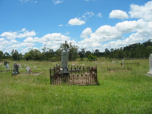 William FRASER,  | husband of Flora FRASER,  | died 13 Sept 1902 aged 72 years;  | Flora FRASER,  | wife of the late William FRASER,  | died 3 Jan 1909 aged 75 years;  | Ann Caroline FRASER,  | daughter of Flora FRASER,  | died 12 Aug 1902 aged 35 years;  | Kilkivan cemetery, Kilkivan Shire  | 