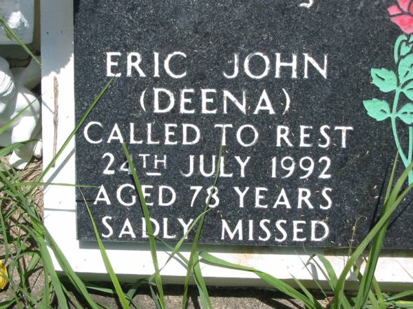 Eric John (Deena) TURNER,  | died 24 July 1992 aged 78 years;  | Vera Violet (Granma) TURNER,  | died 7 Dec 2000 aged 84 years;  | Kilkivan cemetery, Kilkivan Shire  | 
