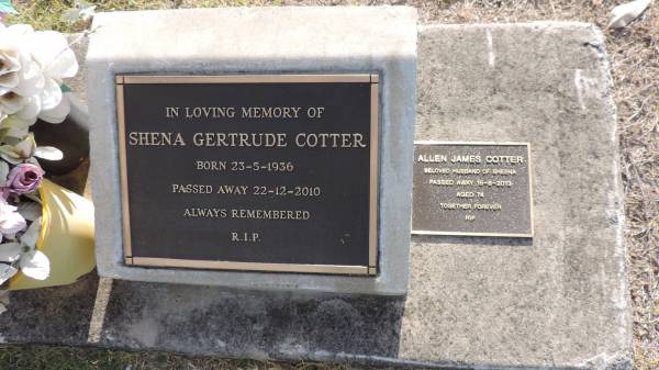 Shena Gertrude COTTER  | b: 23 May 1936  | d: 22 Dec 2010  |   | Allen James COTTER  | husband of Sheena  | d: 16 Aug 2013 aged 74  |   | Kilkivan cemetery, Kilkivan Shire  | 