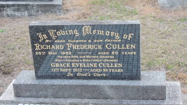 Richard Frederick CULLEN  | d: 28 May 1982 aged 60  |   | his wife  | Grace Eveline CULLEN  | d: 13 Sep 2012 aged 90  |   | Kilkivan cemetery, Kilkivan Shire  | 