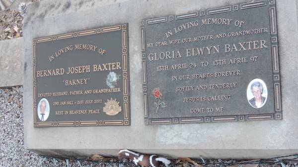 Bernard Joseph BAXTER (Barney)  | b: 2 Jan 1922  | d: 21 Jul 2002  |   | Gloria Elwyn BAXTER  | b: 13 Apr 1924  | d: 13 Apr 1997  |   | Kilkivan cemetery, Kilkivan Shire  | 