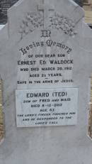 
Ernest Ed WALDOCK
d: 20 Mar 1912 aged 2 12 years

Edward (Ted) (WALDOCK?)
d: 8 Dec 2012 aged 83
son of Fred and Maid

Kilkivan cemetery, Kilkivan Shire
