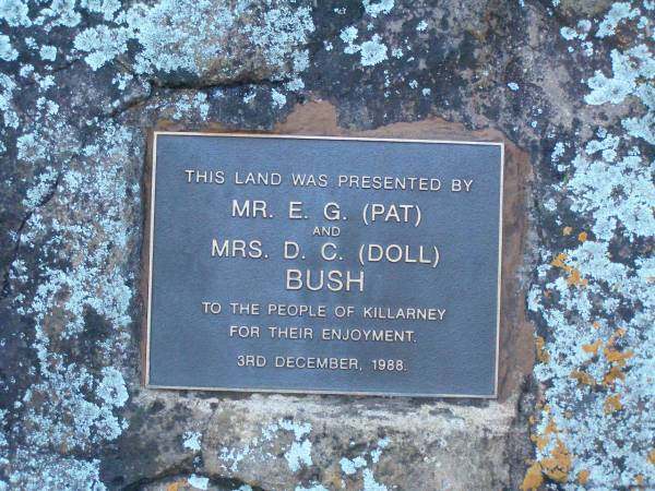 Mr E.G. (Pat) BUSH;  | Mrs D.C. (Doll) BUSH;  | Pat BUSH Bicentennial Park;  | Killarney, Warwick Shire  |