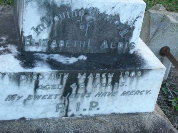 Elizabeth ALDIS,  | died 11 March 1909 aged 46 years;  | Killarney cemetery, Warwick Shire  | 