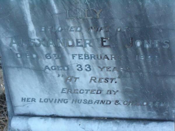 Lily,  | wife of Alexander E. JONES,  | died 6 Feb 1922 aged 33 years,  | erected by husband & children;  | [face down stone]  | children of E. & A. MORGAN,  | Harold Thomas,  | born 12 Aug 1892,  | died 23 Jan 1893;  | Jessie Beatrice,  | born 2? Aug 1879,  | died 6 June 1898;  | Florence Emily,  | born 30 July ????,  | died 7 June 1898;  | Killarney cemetery, Warwick Shire  | 