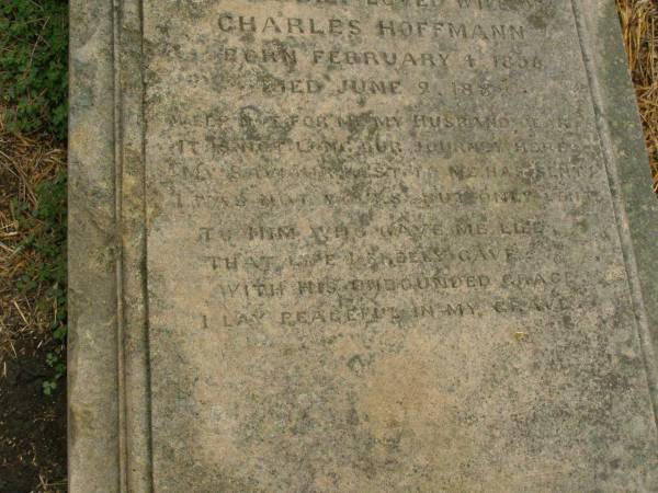 Amelia,  | wife of Charles HOFFMANN,  | born 4 Feb 1856,  | died 9 June 1889;  | Killarney cemetery, Warwick Shire  | 