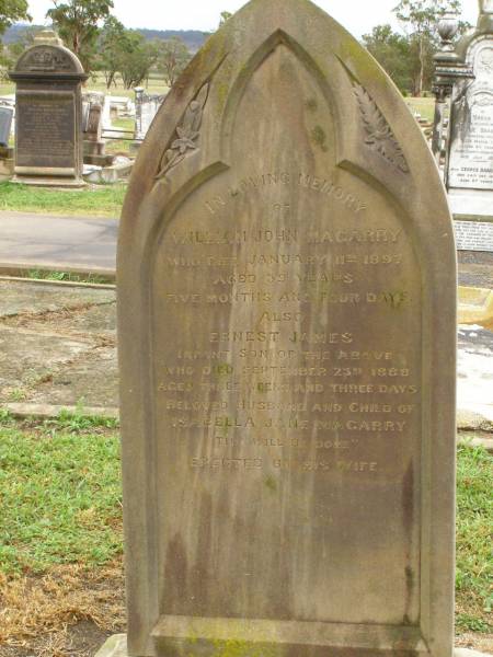 William John MAGARRY,  | husband of Isabella Jane MAGARRY,  | died 11 Jan 1897 aged 39 years 5 months 4 days;  | Ernest James,  | infant son,  | child of Isabella Jane MAGARRY,  | died 23 Sept 1888 aged 3 weeks 3 days;  | erected by wife;  | Killarney cemetery, Warwick Shire  | 