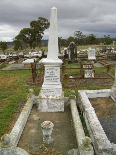 John ARBUTHNOT,  | died 13 Nov 1935 aged 72 years 4 months;  | Killarney cemetery, Warwick Shire  | 