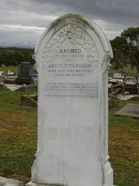 Julia FITZALLEN,  | died 22 Nov 1893 aged 60 years;  | Killarney cemetery, Warwick Shire  | 