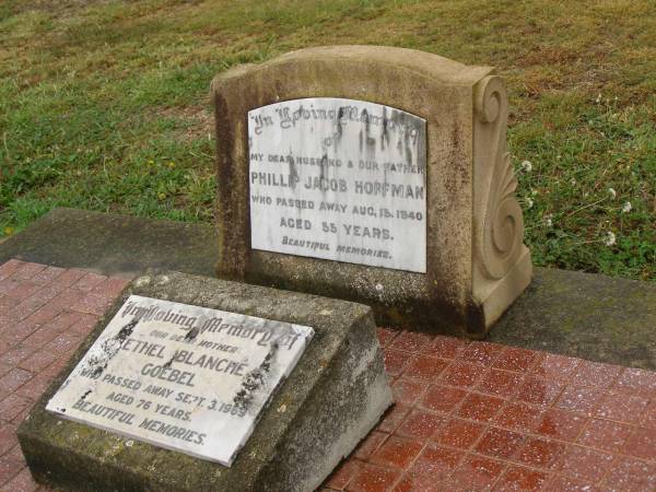 Phillip Jacob HOFFMAN,  | husband father,  | died 15 Aug 1940 aged 55 years;  | Ethel Blanche GOEBEL,  | mother,  | died 3 Sept 1969 aged 76 years;  | Killarney cemetery, Warwick Shire  | 