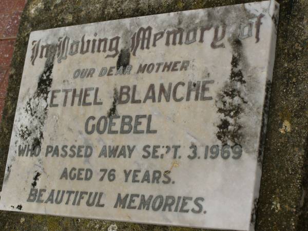 Phillip Jacob HOFFMAN,  | husband father,  | died 15 Aug 1940 aged 55 years;  | Ethel Blanche GOEBEL,  | mother,  | died 3 Sept 1969 aged 76 years;  | Killarney cemetery, Warwick Shire  | 