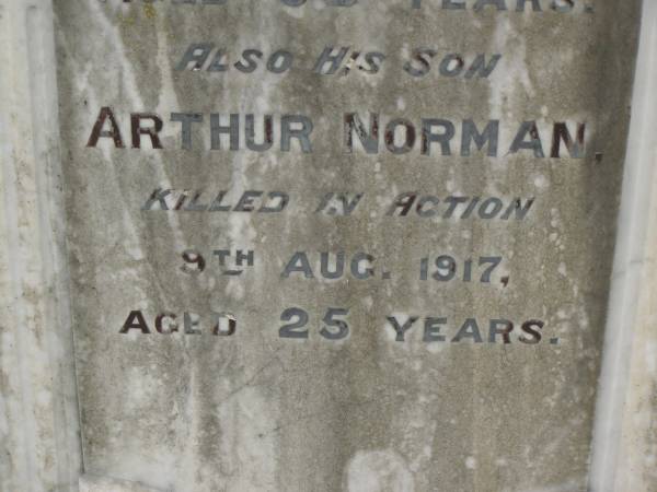 Robert BRUNTON,  | died 8 April 1926 aged 68 years;  | Arthur Norman,  | son,  | killed in action 9 Aug 1917 aged 25 years;  | Margaret Jane BRUNTON,  | died 11 June 1943 aged 86 years;  | Killarney cemetery, Warwick Shire  | 