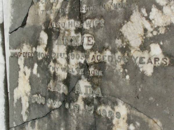 Kingsborough BLACK,  | died 6 Jan 1903 aged 57 years;  | Annie,  | wife,  | died 21 Nov 1905 aged 56 years;  | Ada,  | died 1 Oct 1929;  | Killarney cemetery, Warwick Shire  | 