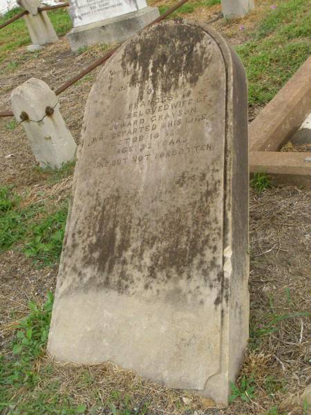 Frances,  | wife of Edward GRAYSON,  | died 10 Oct 1893 aged 32 years;  | Killarney cemetery, Warwick Shire  | 