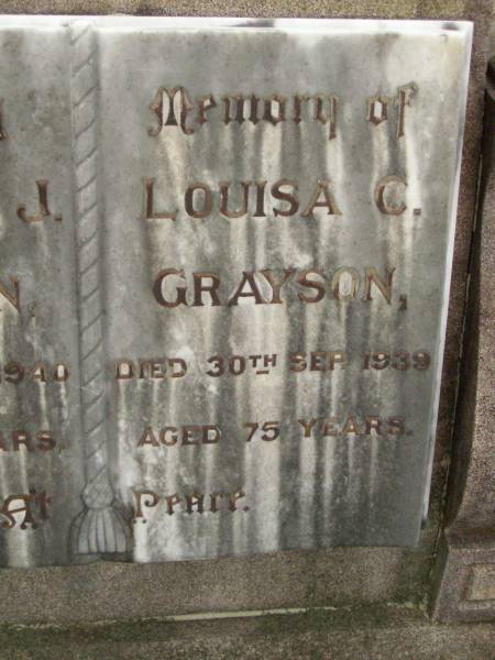 William J. GRAYSON,  | died 10 May 1940 aged 78 years;  | Louisa C. GRAYSON,  | died 30 Sept 1939 aged 75 years;  | Lilian Lamb GRAYSON,  | daughter,  | died 12 Sept 1903 aged 10 months;  | Killarney cemetery, Warwick Shire  |