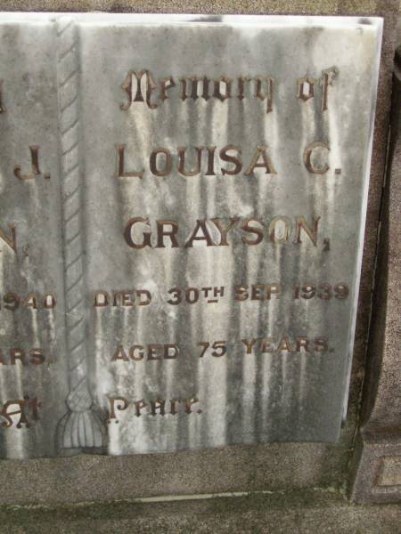 William J. GRAYSON,  | died 10 May 1940 aged 78 years;  | Louisa C. GRAYSON,  | died 30 Sept 1939 aged 75 years;  | Lilian Lamb GRAYSON,  | daughter,  | died 12 Sept 1903 aged 10 months;  | Killarney cemetery, Warwick Shire  | 