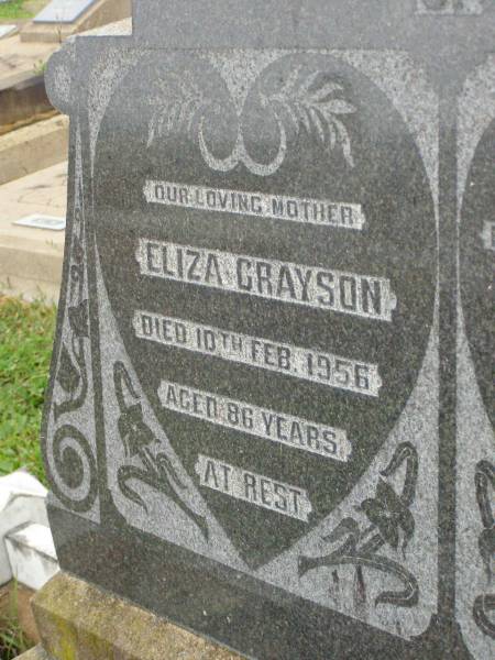 Eliza GRAYSON,  | mother,  | died 10 Feb 1956 aged 86 years;  | Francis GRAYSON,  | husband father,  | died 31 Dec 1939 aged 75 years;  | Killarney cemetery, Warwick Shire  | 