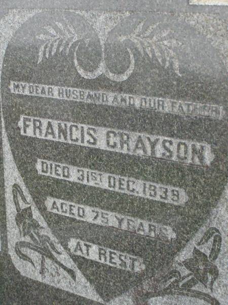 Eliza GRAYSON,  | mother,  | died 10 Feb 1956 aged 86 years;  | Francis GRAYSON,  | husband father,  | died 31 Dec 1939 aged 75 years;  | Killarney cemetery, Warwick Shire  |